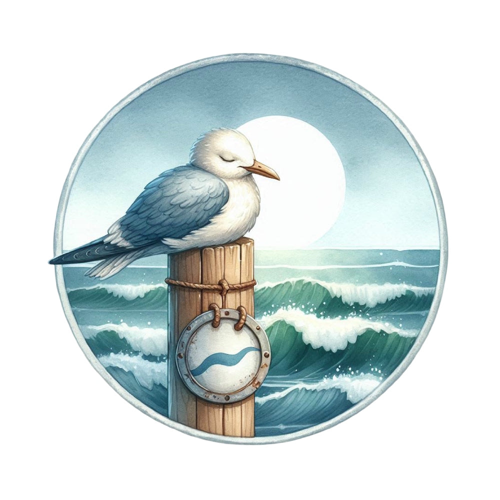 Summer Beach Round Fabric Panel 3 featuring a seagull on a wooden post with ocean waves and sun in the background.