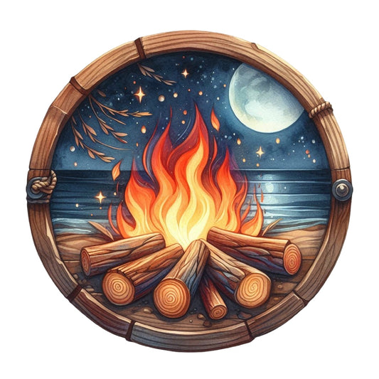 Summer Beach Round Fabric Panel 32 showing a colorful campfire on a beach under a starry night sky with a full moon