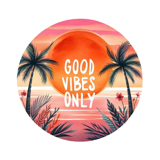 Summer Beach Round Fabric Panel 33 vibrant sunset with palm trees and "Good Vibes Only" text on premium cotton fabric
