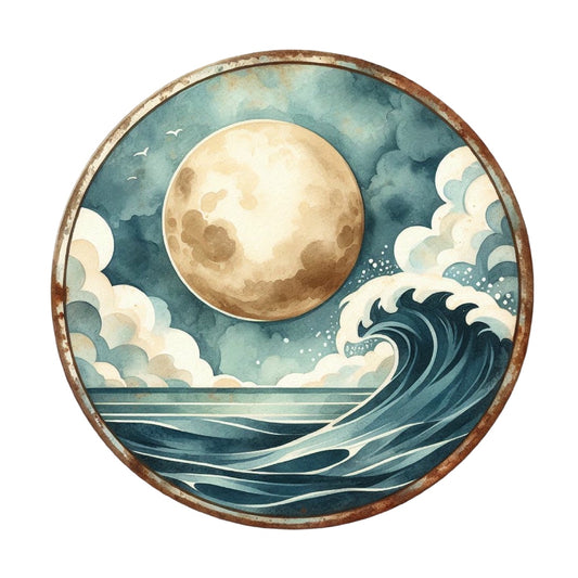 Summer Beach Round Fabric Panel 34 features a stylized ocean wave under a large full moon with artistic clouds on premium quilting cotton.