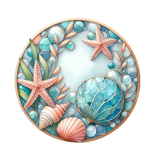 Summer Beach Round Fabric Panel 35 featuring detailed starfish, seashells, and aquatic plants in soft blue and coral hues.