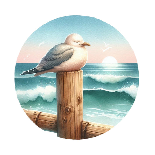 Summer Beach Round Fabric Panel 4 featuring a seagull perched on a wooden post with ocean waves and sunrise background.