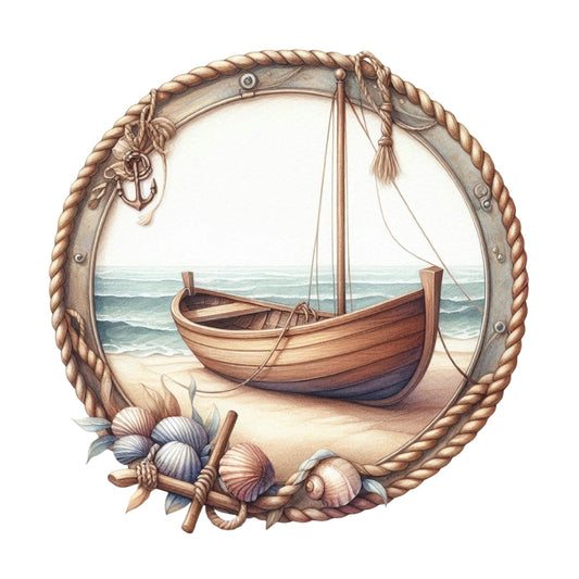 Summer Beach Round Fabric Panel 5 featuring a wooden boat on the shore framed by rope and seashells printed on premium cotton
