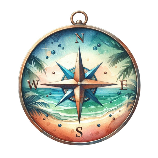 Summer Beach Round Fabric Panel 6 featuring a vibrant compass design over tropical beach scenery with palm leaves and ocean waves.