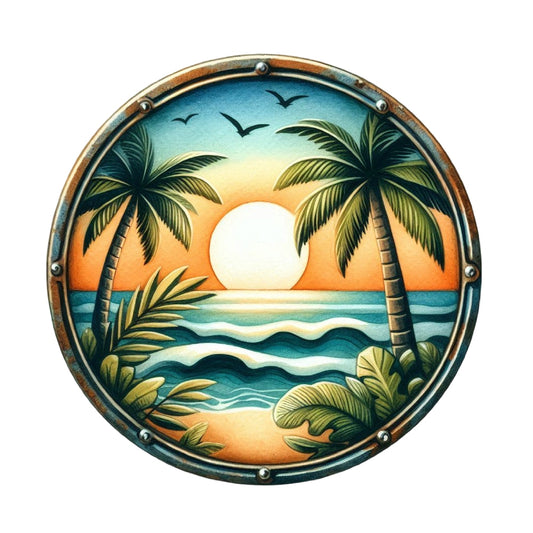 Summer Beach Round Fabric Panel 8 featuring a vibrant tropical sunset with palm trees, ocean waves, and birds, printed on premium cotton.