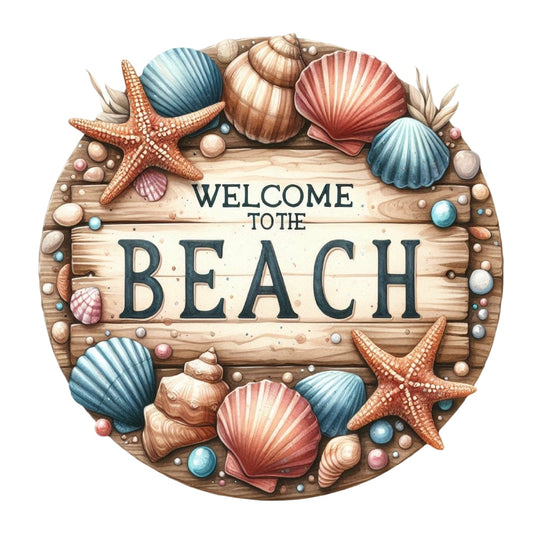 Summer Beach Round Fabric Panel 9 showing seashells and starfish surrounding a wooden sign reading Welcome to the Beach.