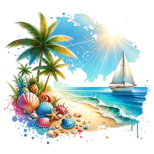 Summer at the Beach Fabric Panel 1 featuring a vibrant beach scene with seashells, palm trees, sailboat, and sunny sky on premium cotton.