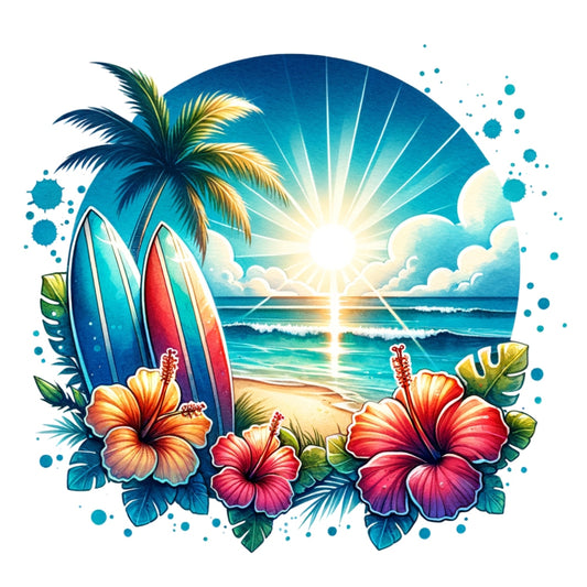 Summer at the Beach Fabric Panel 10 featuring vibrant hibiscus flowers, surfboards, palm tree, and a glowing sunset over the ocean.
