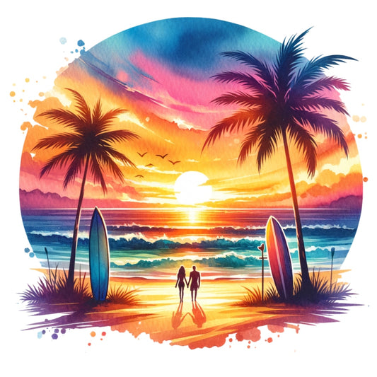 Summer at the Beach Fabric Panel 11 featuring a colorful sunset, palm trees, ocean waves, and a couple walking on shore.