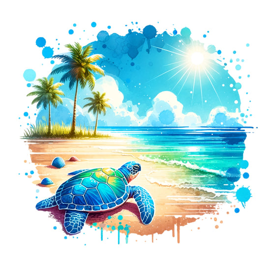 Summer at the Beach Fabric Panel 12 with a vibrant sea turtle on sandy shore and palm trees under a bright sun.