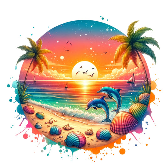 Summer at the Beach Fabric Panel 13 showing a vibrant sunset with dolphins, palm trees, seashells, and sailboats on a sandy shore.