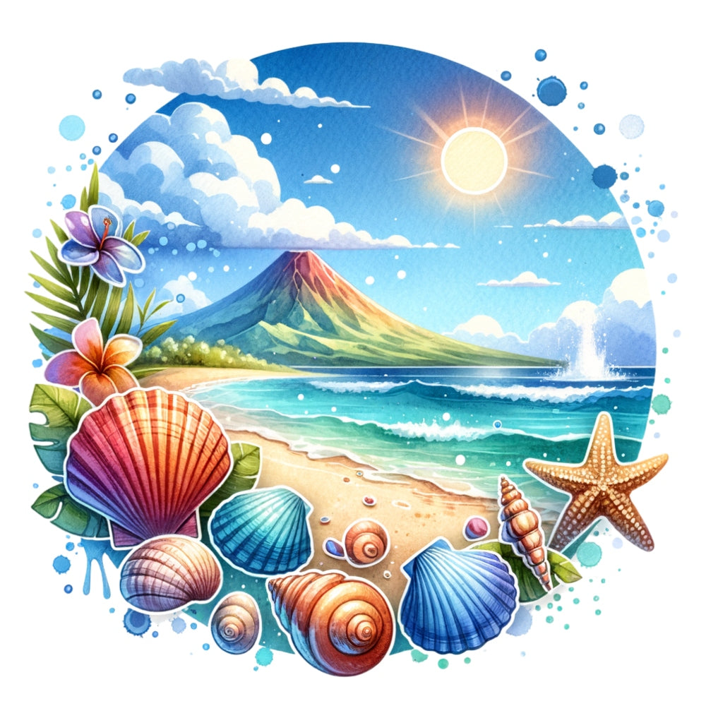 Summer at the Beach Fabric Panel 14 featuring vibrant seashells, starfish, tropical flowers, and a sunny ocean view with a mountain backdrop.