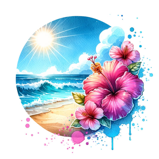 Summer at the Beach Fabric Panel 3 featuring vibrant hibiscus flowers and a sunny ocean beach scene in premium quilting cotton.