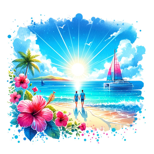 Summer at the Beach Fabric Panel 4 featuring a vibrant beach scene with hibiscus flowers, palm tree, couple, and sailboat at sunset.