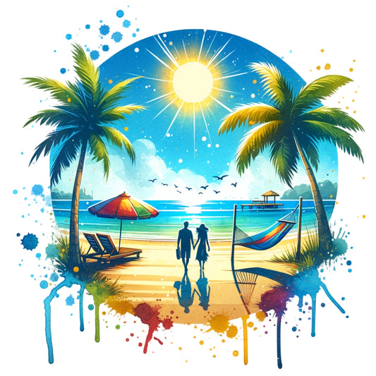 Summer at the Beach Fabric Panel 5 showing a bright sunny beach scene with palm trees, hammock, umbrella, and a couple walking.