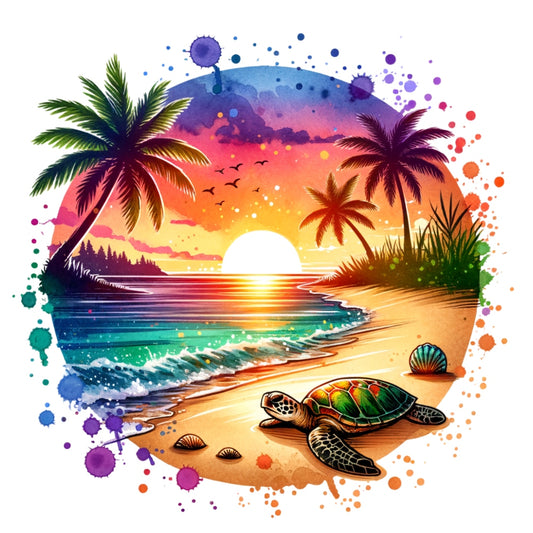 Summer at the Beach Fabric Panel 6 featuring a vibrant sunset, palm trees, ocean waves, and a sea turtle on the sandy shore.