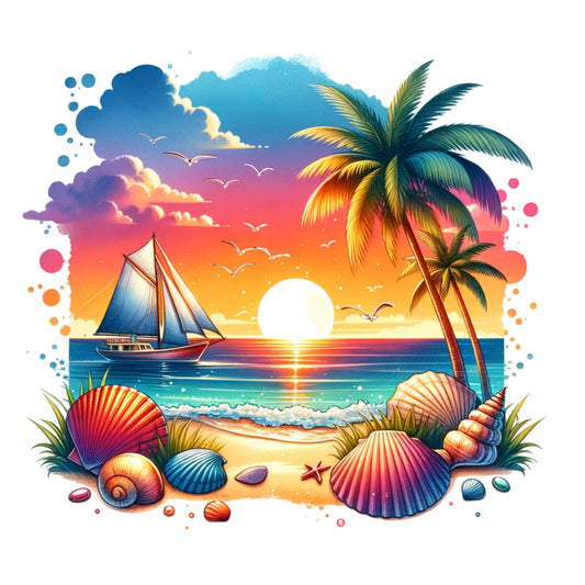 Summer at the Beach Fabric Panel 7 featuring a vibrant sunset, sailboat, palm trees, and colorful seashells on the shore.