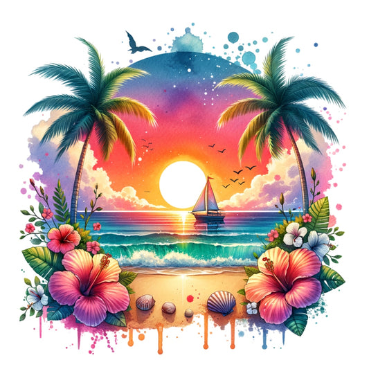 Summer at the Beach Fabric Panel 8 with vibrant sunset, palm trees, sailboat, ocean waves, and tropical flowers on premium cotton fabric.