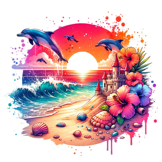 Summer at the Beach Fabric Panel 9 featuring dolphins, vibrant sunset, waves, flowers, shells, and a sandcastle on the shore.