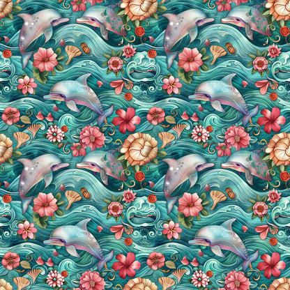 Swimming with Dolphins Pattern 1 Quilting Cotton Fabric