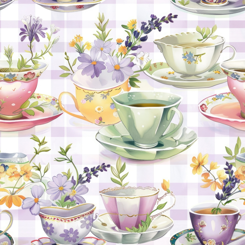 Lavender Teacups Pattern 1 Minky Fabric