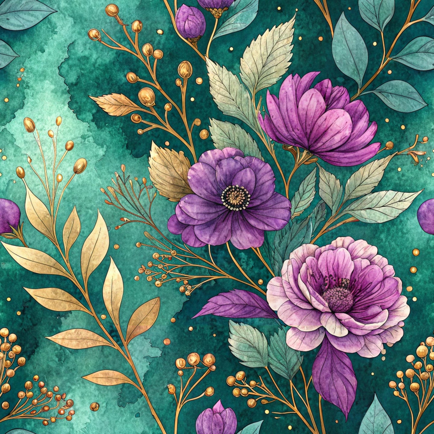Teal and Purple Floral Pattern 24 Quilting Cotton Fabric