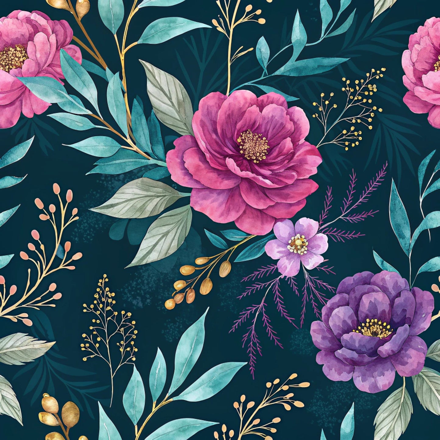 Teal and Purple Floral Pattern 2 Quilting Cotton Fabric