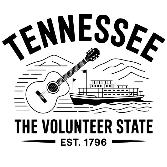 Tennessee Black and White Fabric Panel featuring guitar, riverboat, mountains, and text The Volunteer State Est. 1796.