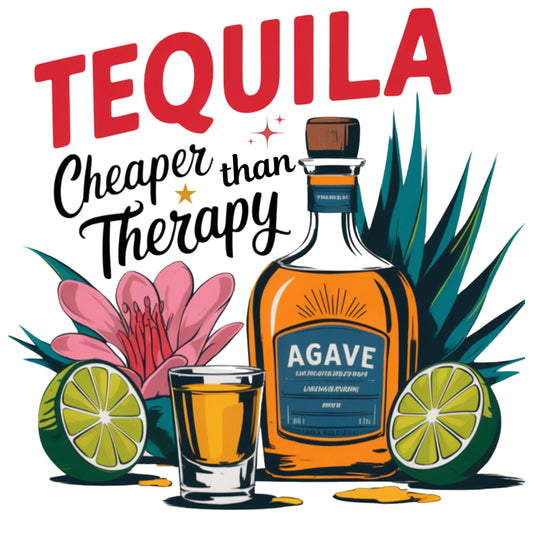 Tequila Therapy Fabric Panel featuring a vibrant bottle of agave tequila with lime slices and a pink flower design.