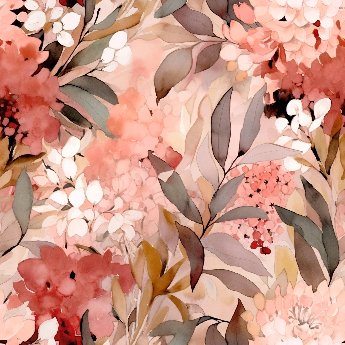 Terracotta Blush Beige Watercolor Florals Pattern 20 Quilting Cotton Fabric