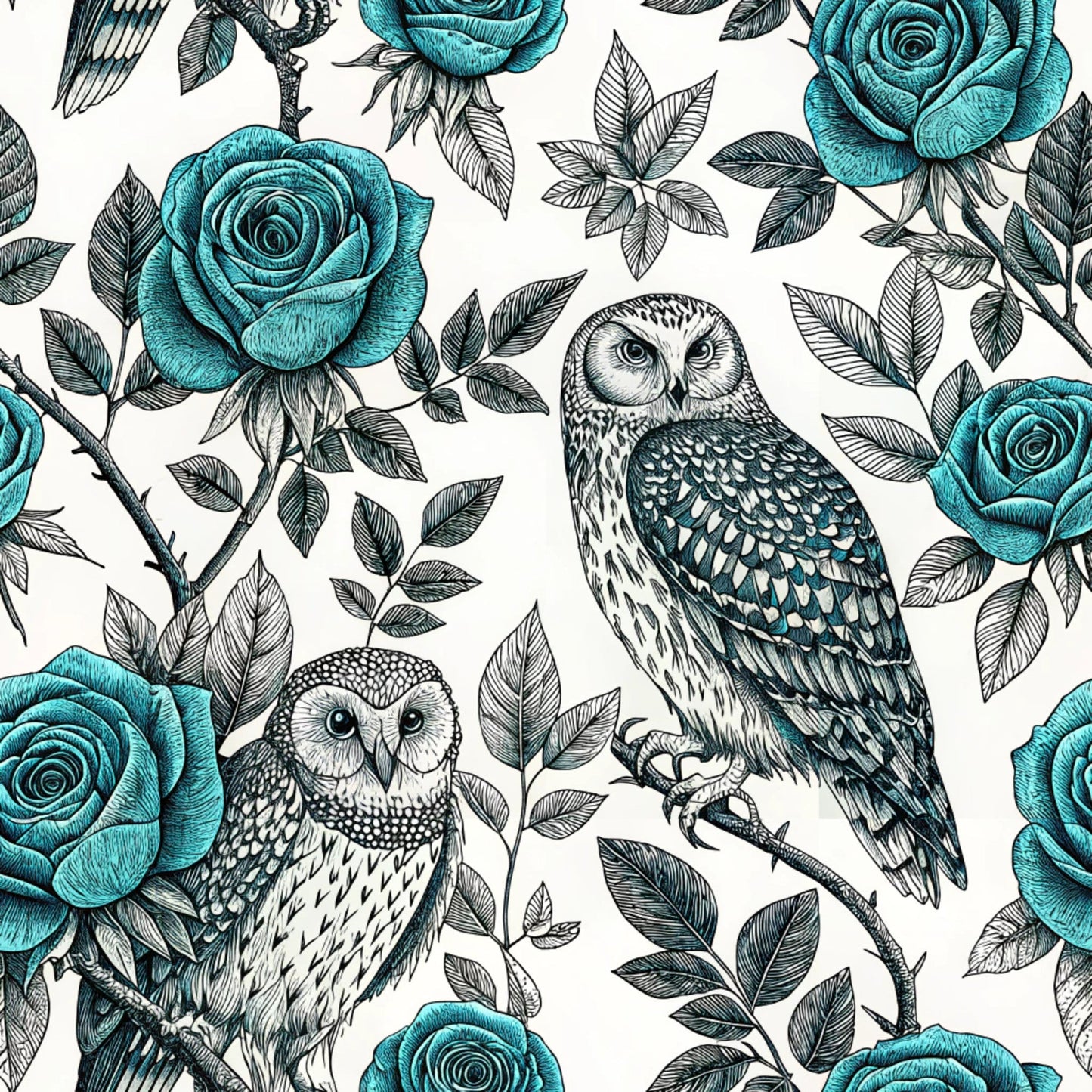 Turquoise Night Birds Pattern 28 Quilting Cotton Fabric