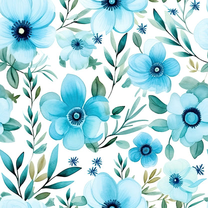 Turquoise Watercolor Flower Pattern 11 Quilting Cotton Fabric