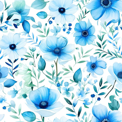 Turquoise Watercolor Flower Pattern 3 Quilting Cotton Fabric