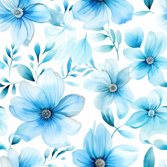 Turquoise Watercolor Flower Pattern 6 Quilting Cotton Fabric