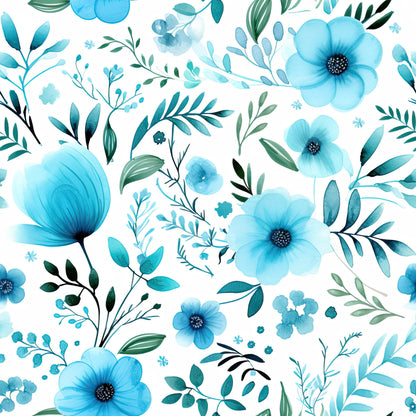 Turquoise Watercolor Flower Pattern 9 Quilting Cotton Fabric