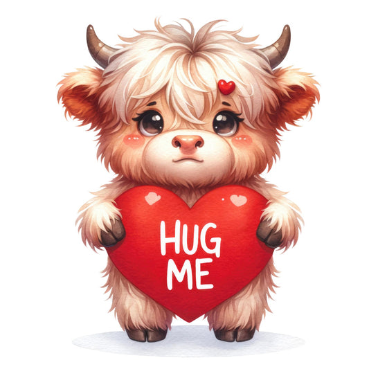 Valentine Highland Cow Fabric Panel 1 featuring a cute highland cow holding a red heart with Hug Me text for quilting cotton projects.