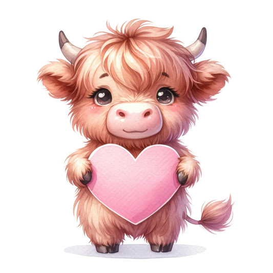 Valentine Highland Cow Fabric Panel 10 featuring a cute fluffy calf holding a pink heart, perfect for premium quilting cotton projects.