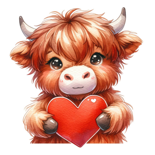 Valentine Highland Cow Fabric Panel 11 features a cute highland cow holding a red heart, printed on premium quilting cotton.
