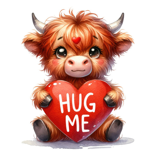 Valentine Highland Cow Fabric Panel 2 featuring a cute cartoon cow holding a red heart with "Hug Me" on premium quilting cotton.