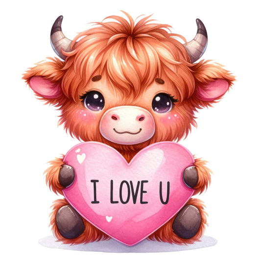 Valentine Highland Cow Fabric Panel 3 featuring a cute highland cow holding a pink heart with "I LOVE U" text on premium quilting cotton.