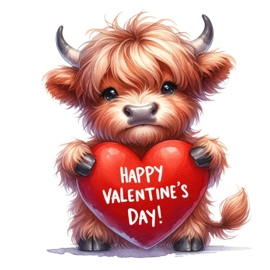 Valentine Highland Cow Fabric Panel 4 features a cute Highland cow holding a red heart with Happy Valentine’s Day text.