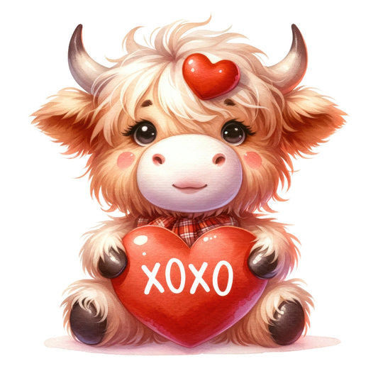 Valentine Highland Cow Fabric Panel 5 showing a cute fluffy cow holding a red heart with XOXO in premium quilting cotton print.