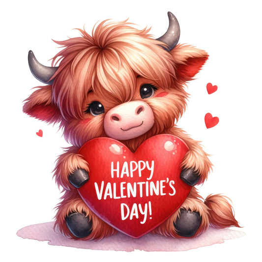 Valentine Highland Cow Fabric Panel 6 features a cute highland cow holding a red heart with Happy Valentine’s Day message.