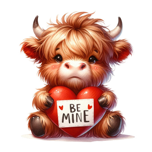 Valentine Highland Cow Fabric Panel 7 featuring a cute fluffy calf holding a heart with Be Mine message in premium quilting cotton.