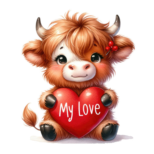 Valentine Highland Cow Fabric Panel 8 featuring a cute Highland cow holding a red heart with "My Love" text on premium quilting cotton.