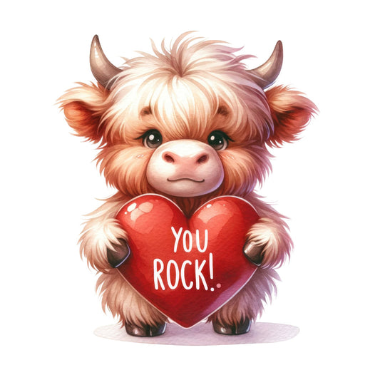 Valentine Highland Cow Fabric Panel 9 featuring a cute fluffy cow holding a heart with You Rock text on premium quilting cotton.