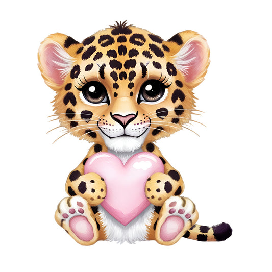 Valentine Tropical Cheetah Fabric Panel featuring a cute baby cheetah holding a pink heart, printed on premium quilting cotton.