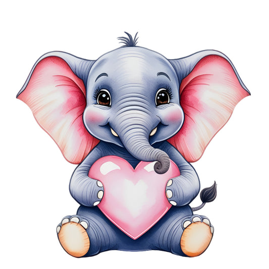 Valentine Tropical Elephant Fabric Panel featuring a cute elephant holding a pink heart, printed on premium quilting cotton.