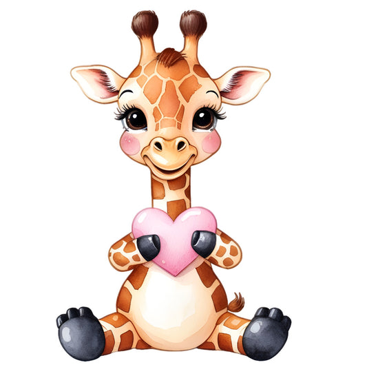 Valentine Tropical Giraffe Fabric Panel featuring a cute giraffe holding a pink heart, printed on premium quilting cotton fabric.