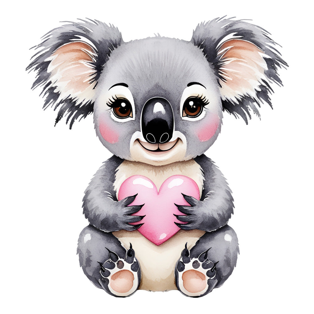 Valentine Tropical Koala Fabric Panel featuring a cute koala holding a pink heart, printed on premium quilting cotton.